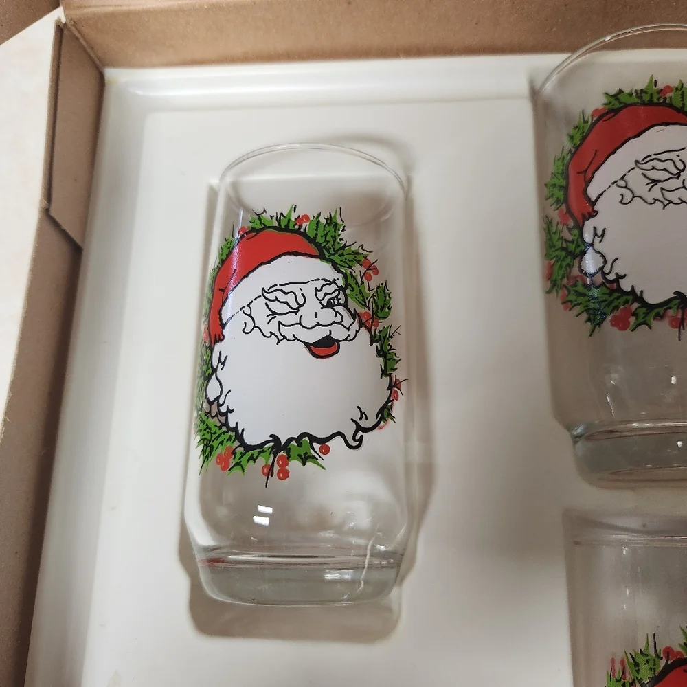 70s Set Anchor Hocking Winking Santa Glass Tumblers Hostess Box Merry Christmas - Picture 2 of 10